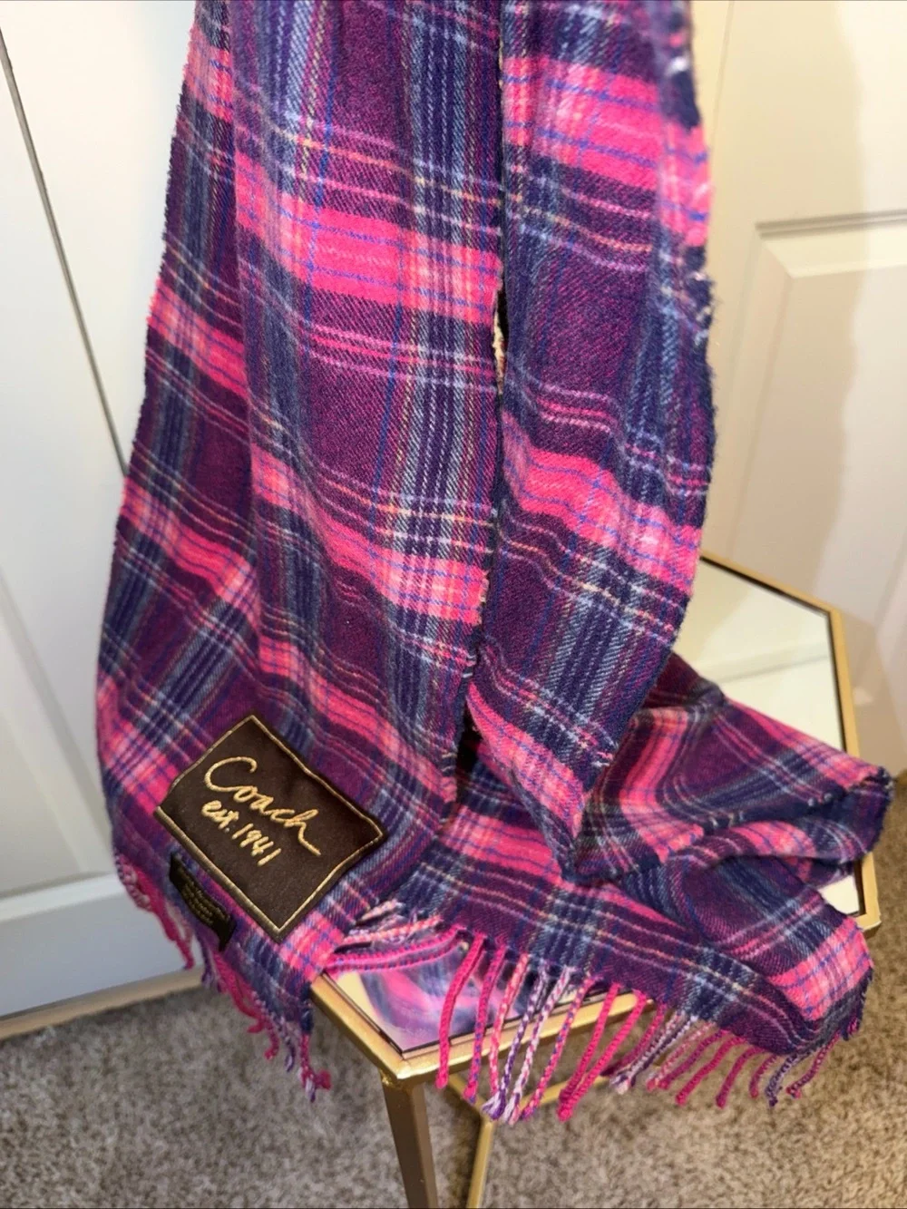 Coach Plaid wool cashmere Fringe Scarf in Pink & Purple - Picture 2 of 3